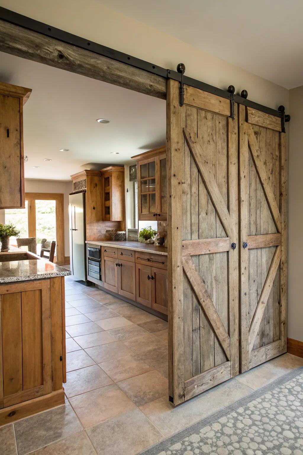 Sliding barn doors add rustic charm and functionality.