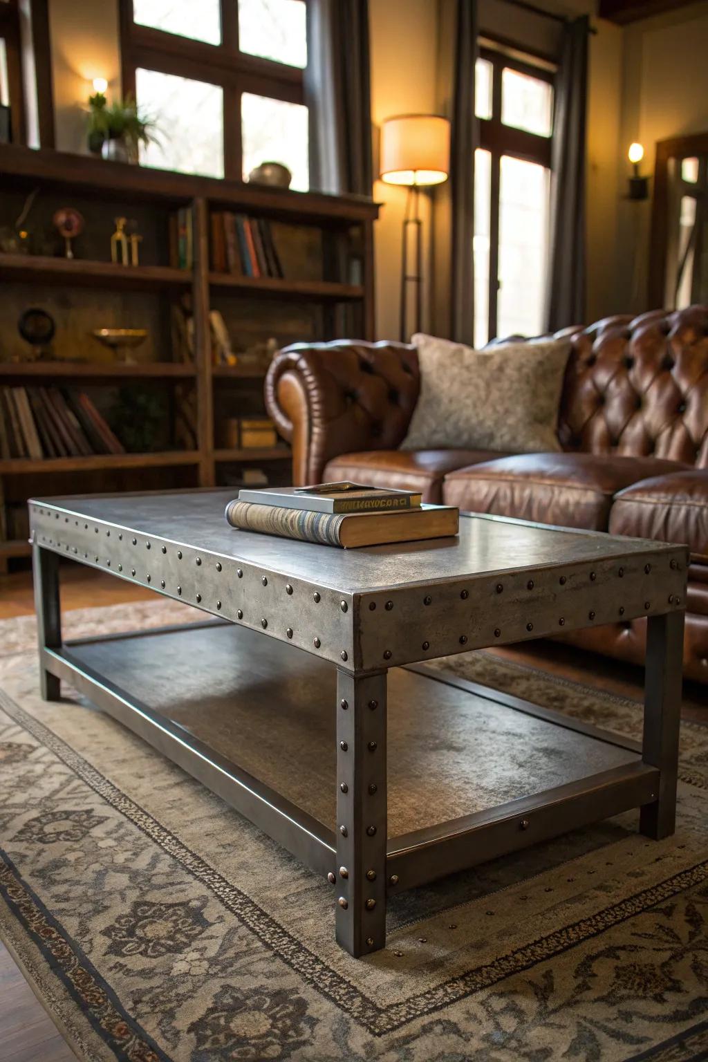 Bold statement pieces anchor the industrial living room.