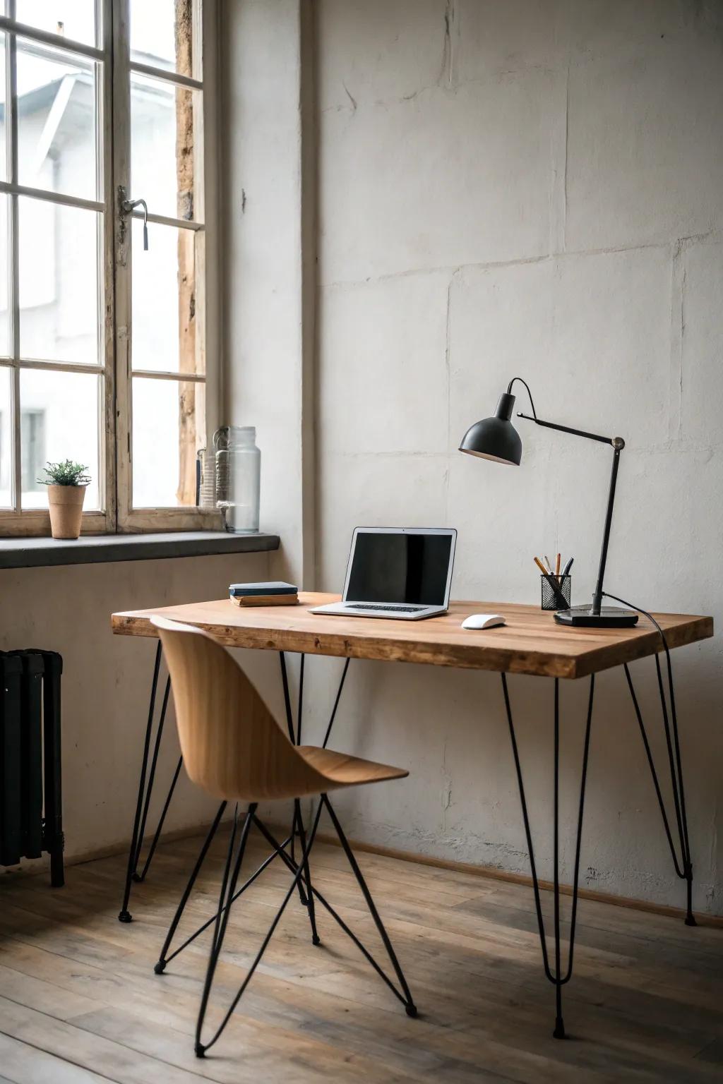A statement desk in wood and metal defines the workspace.