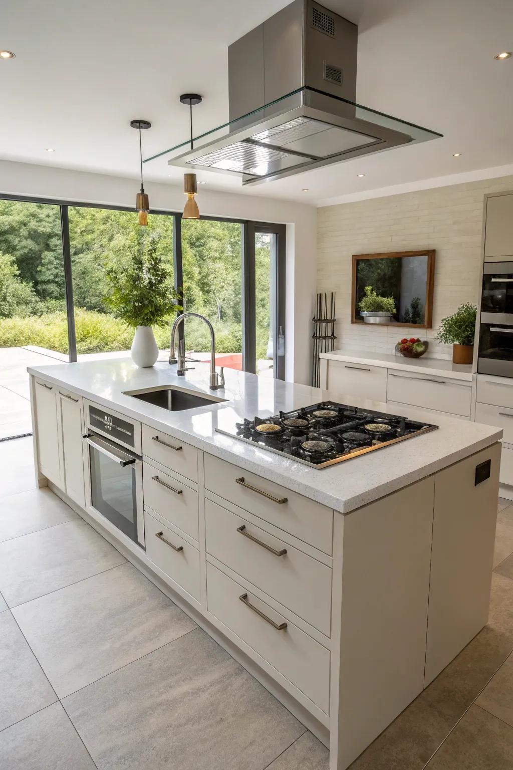 By integrating appliances, a kitchen island is transformed into a model of high functionality and efficiency.