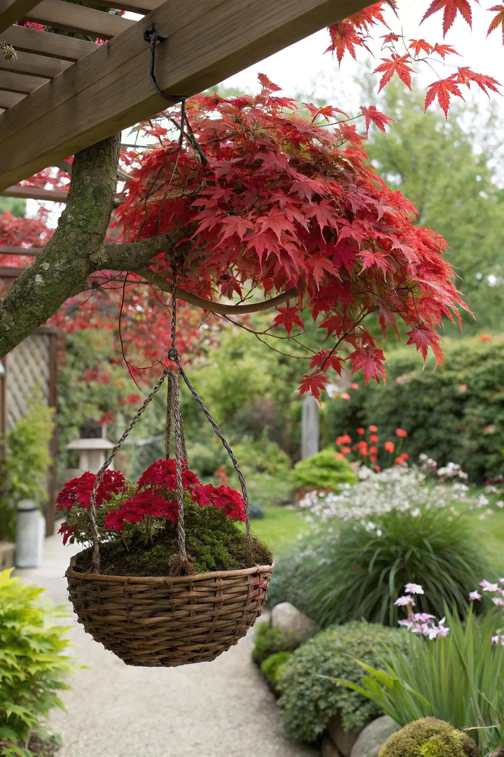 Defying the norm with a Japanese maple in a suspended basket.