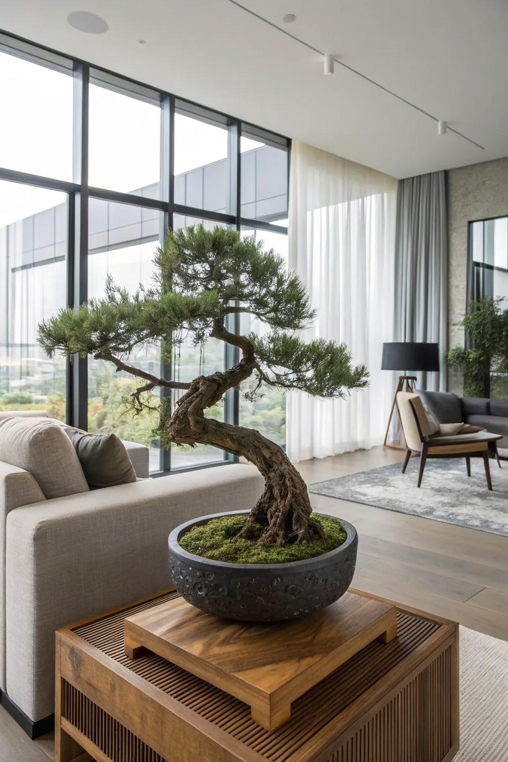 A floating juniper bonsai adding a narrative element to a contemporary living room.