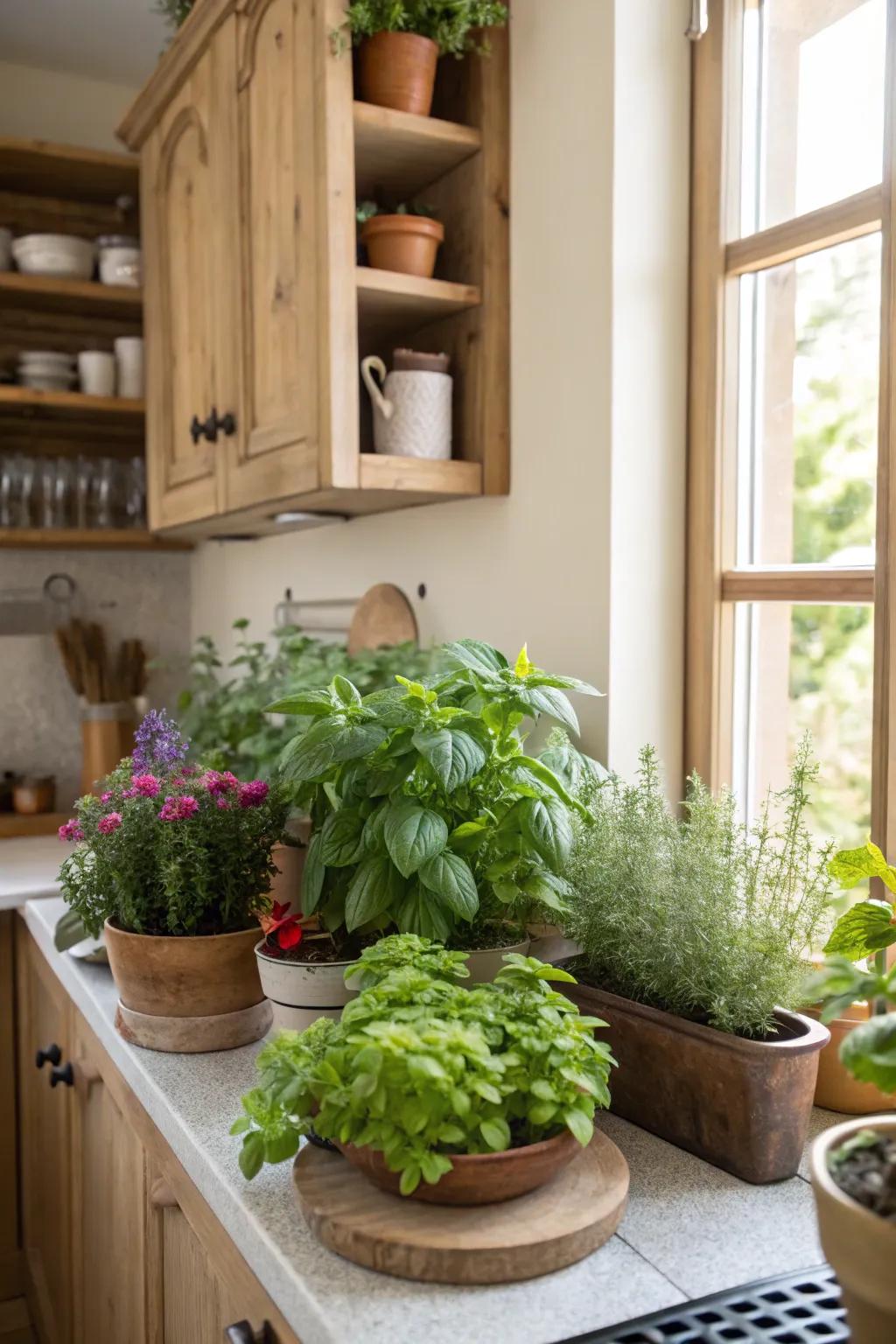 Greenery breathes life into this charming kitchen alcove.