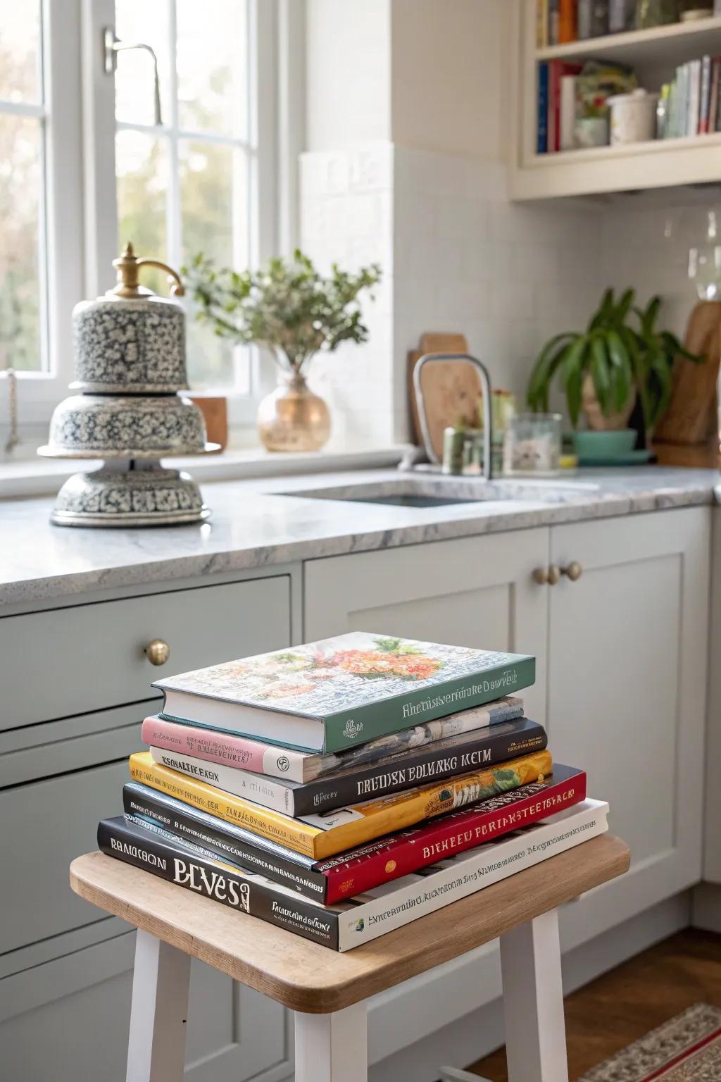Your kitchen's aesthetic can be improved with cookbooks with artistic covers.