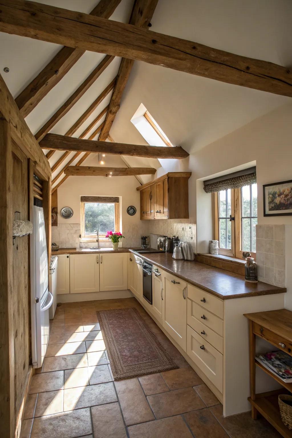 Beams can visually expand a small kitchen space.