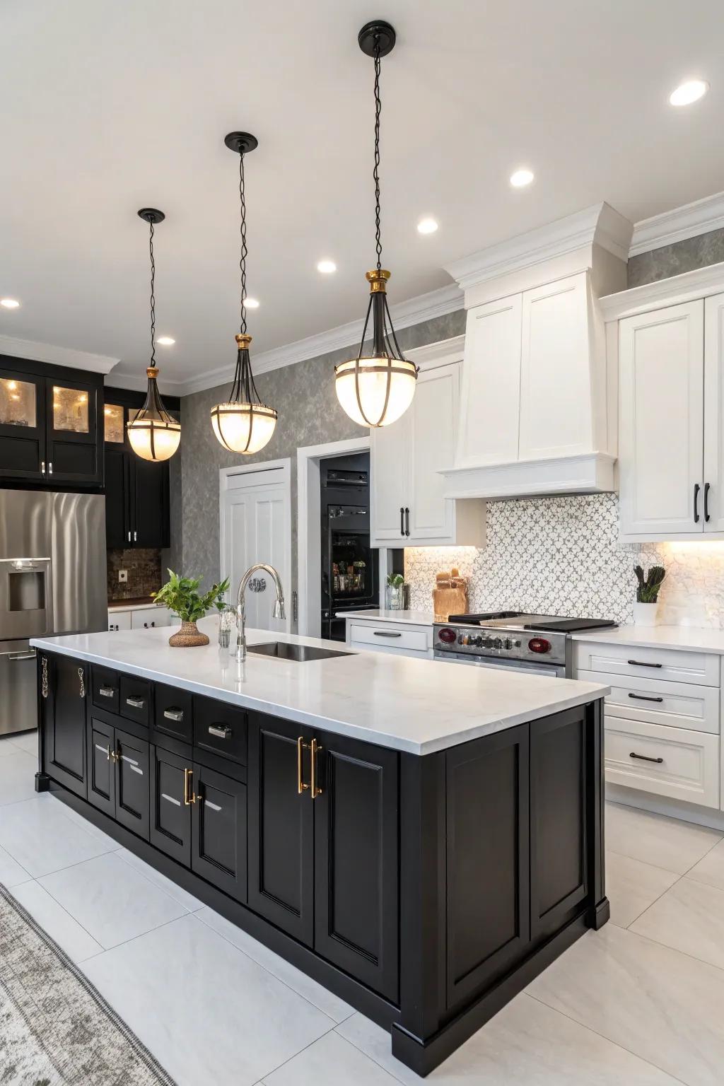 Onyx and ivory cabinets create a timeless and dramatic kitchen.