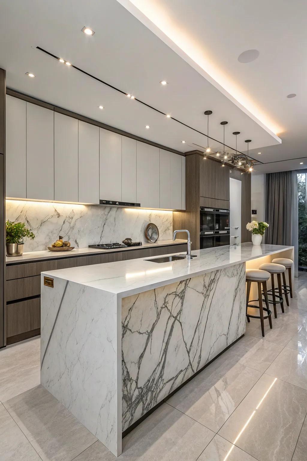 Waterfall countertops create a striking focal point.