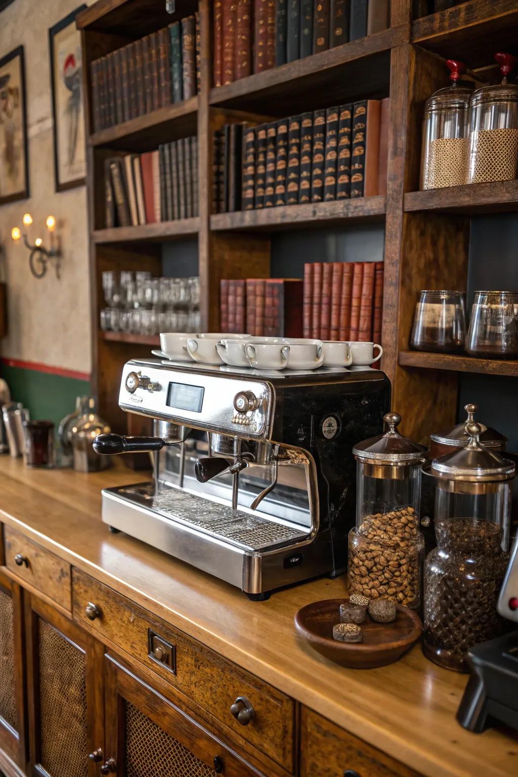 Vintage charm injecting character into a modern kitchen coffee station.