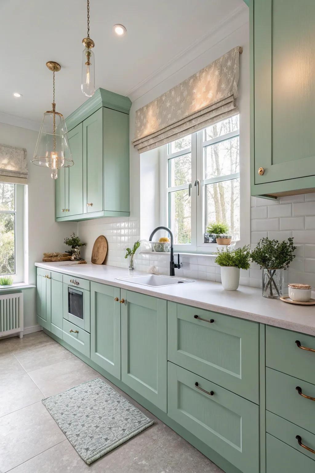 New mint essence conveys a cheerful refinement to the kitchen.