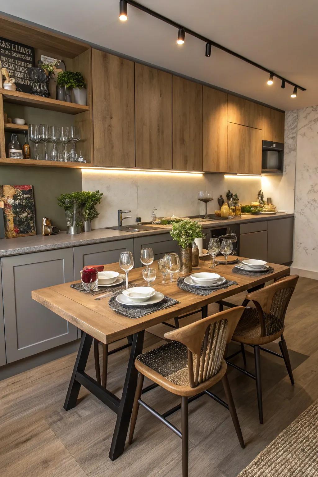 A multifunctional kitchen desk area that doubles as a social gathering spot.