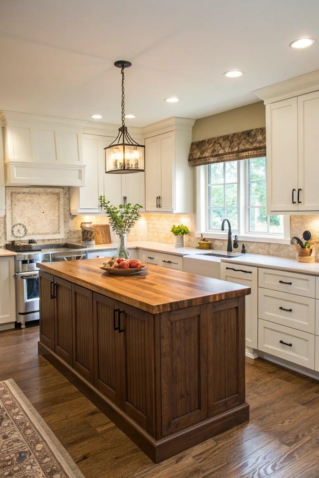A kitchen featuring an earthy-toned island that complements the white cabinets.