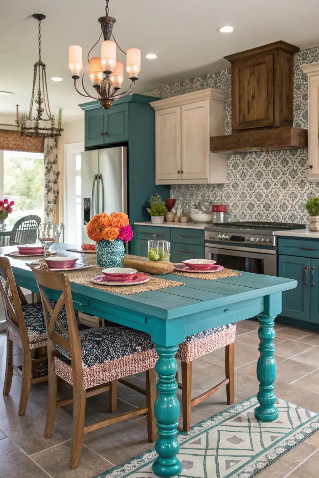 Bold color statements create a vibrant kitchen atmosphere.