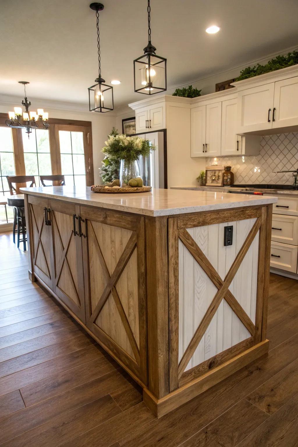 Dynamic X-pattern trim adds a touch of farmhouse flair to the island.