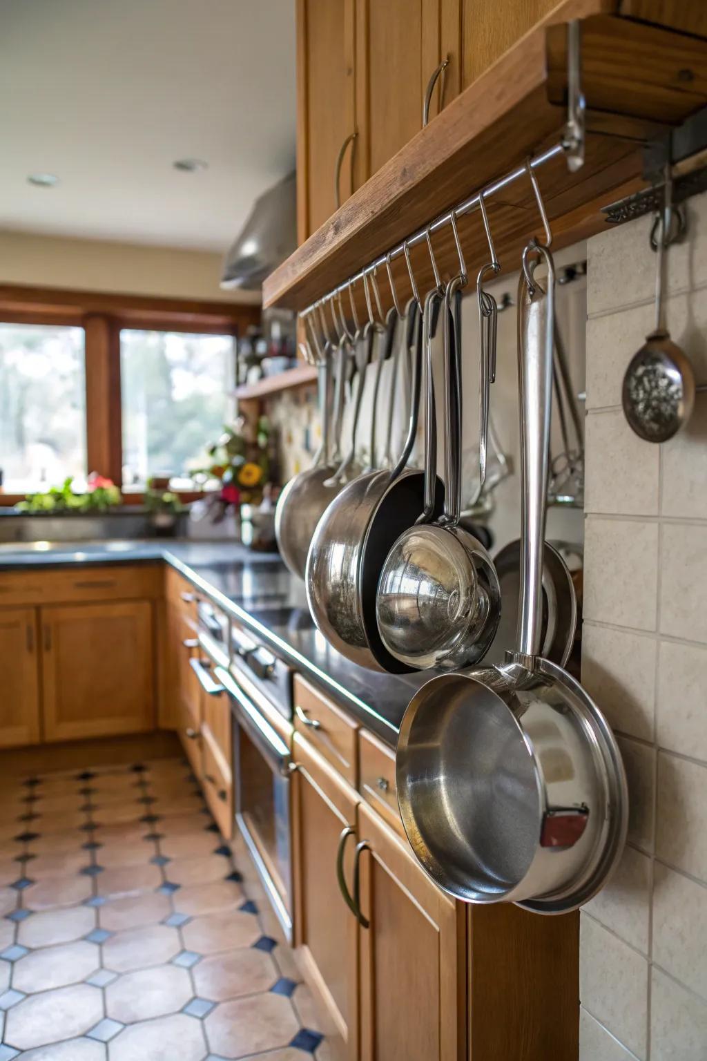 Hanging pots and pans create more cabinet space.