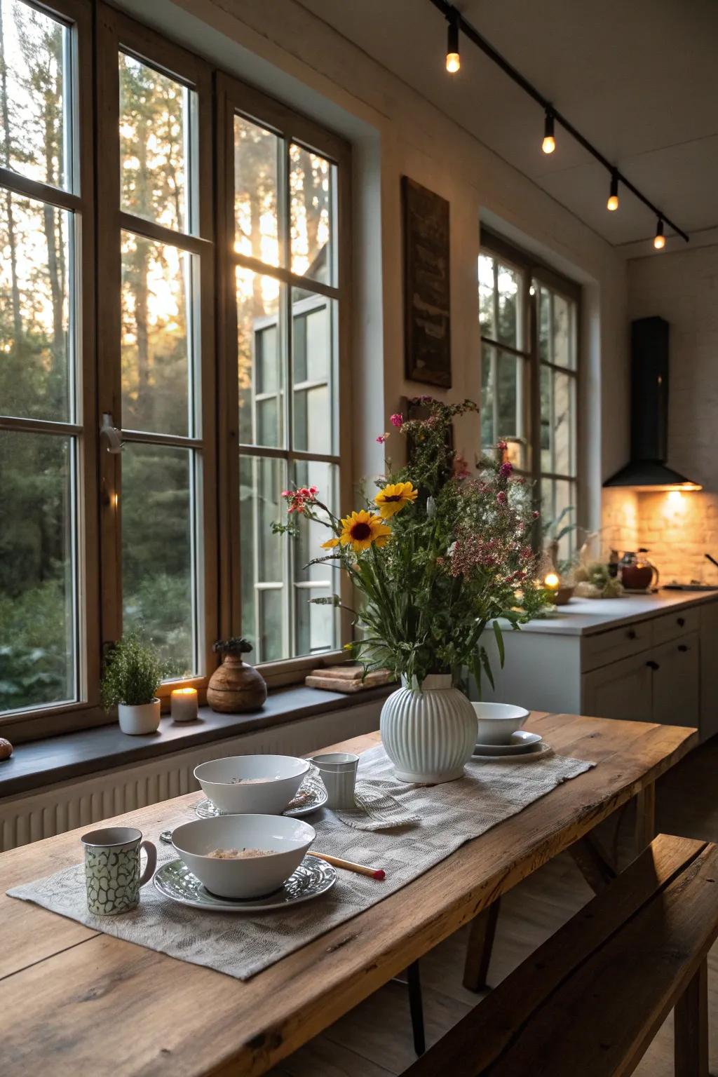 Integrating natural light with kitchen lighting enhances the dining experience.