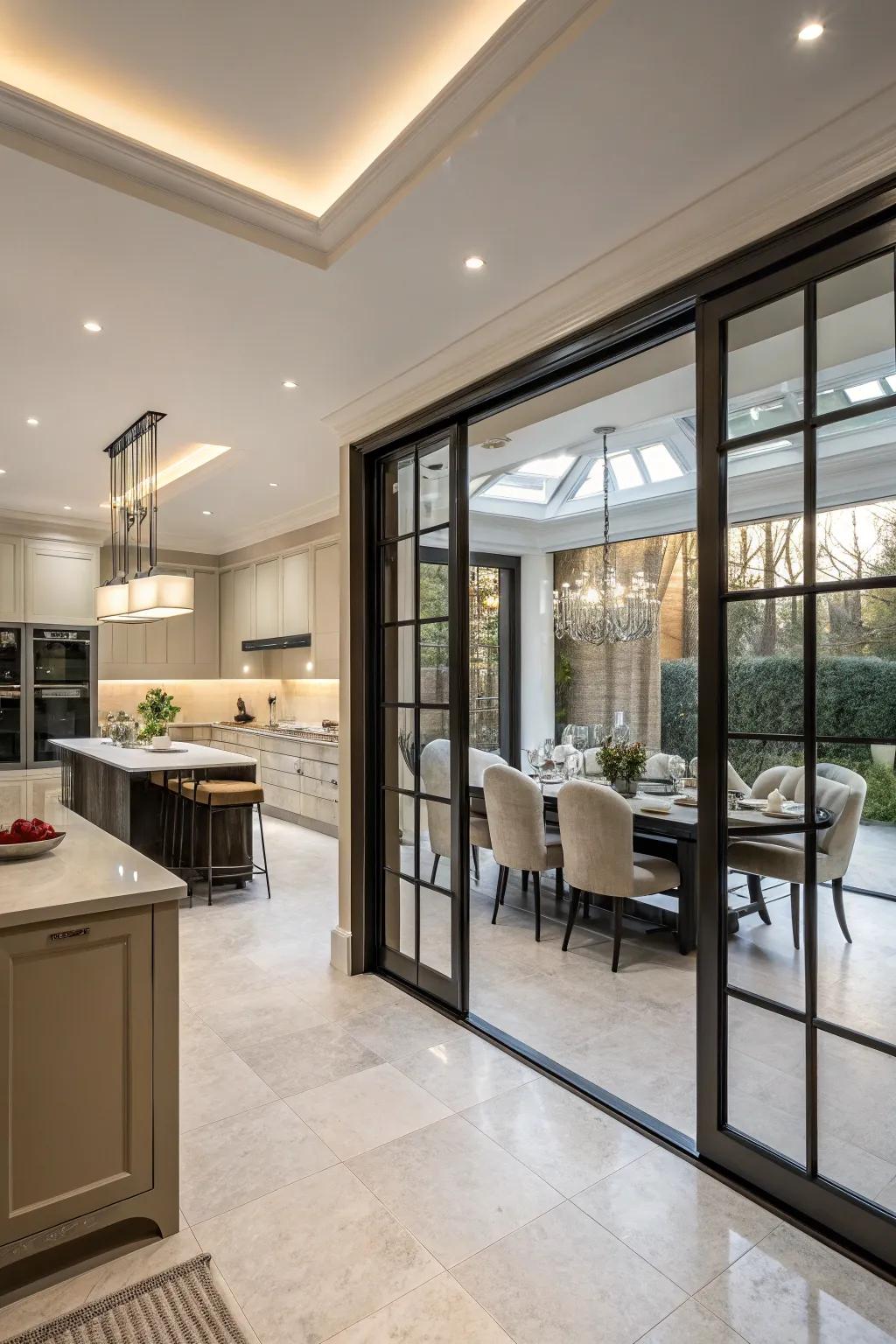 Gliding doors provide versatile options for either opening up or closing off the kitchen space as desired.