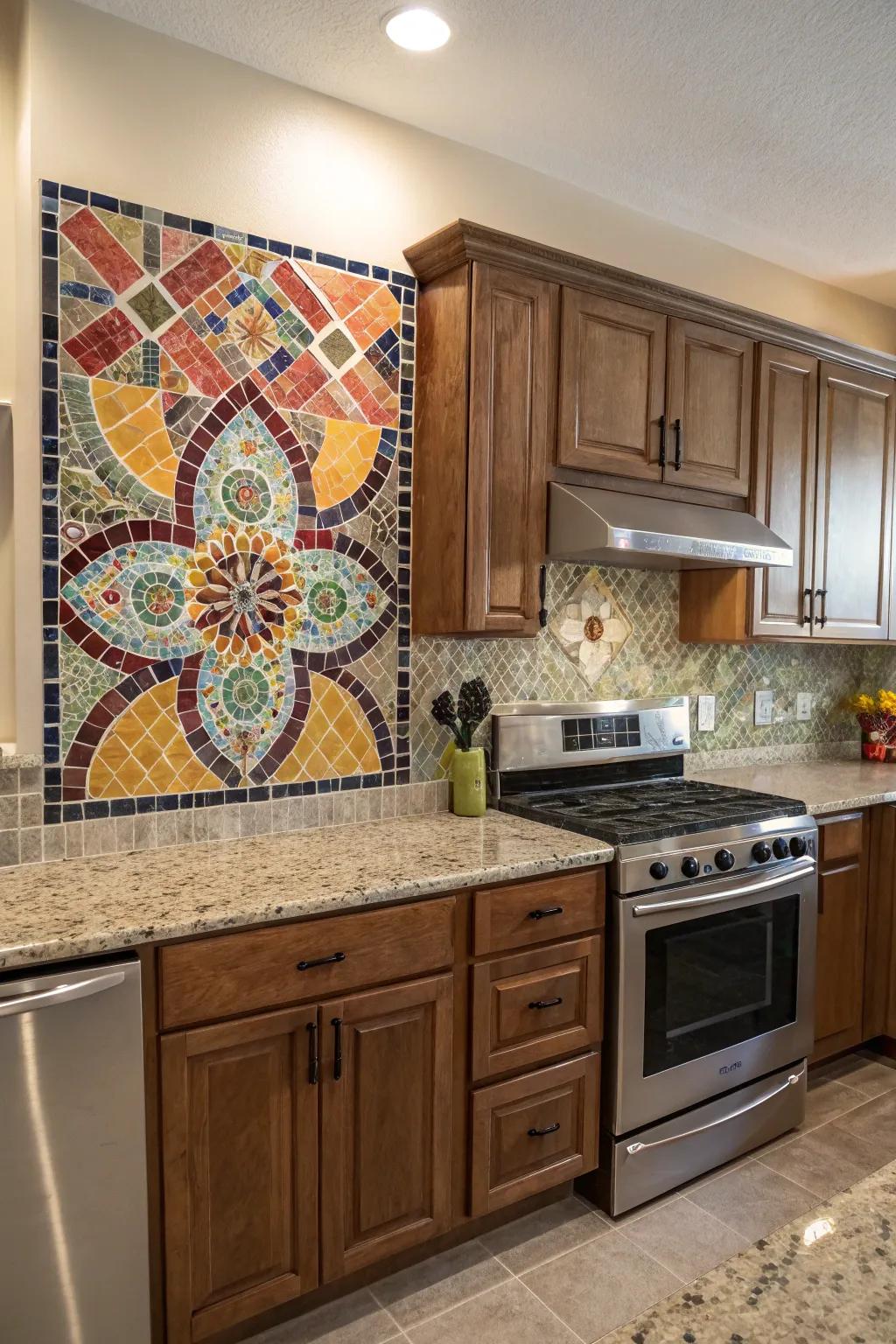 A creative mosaic tile back panel serves as the point of focus within this cooking area.