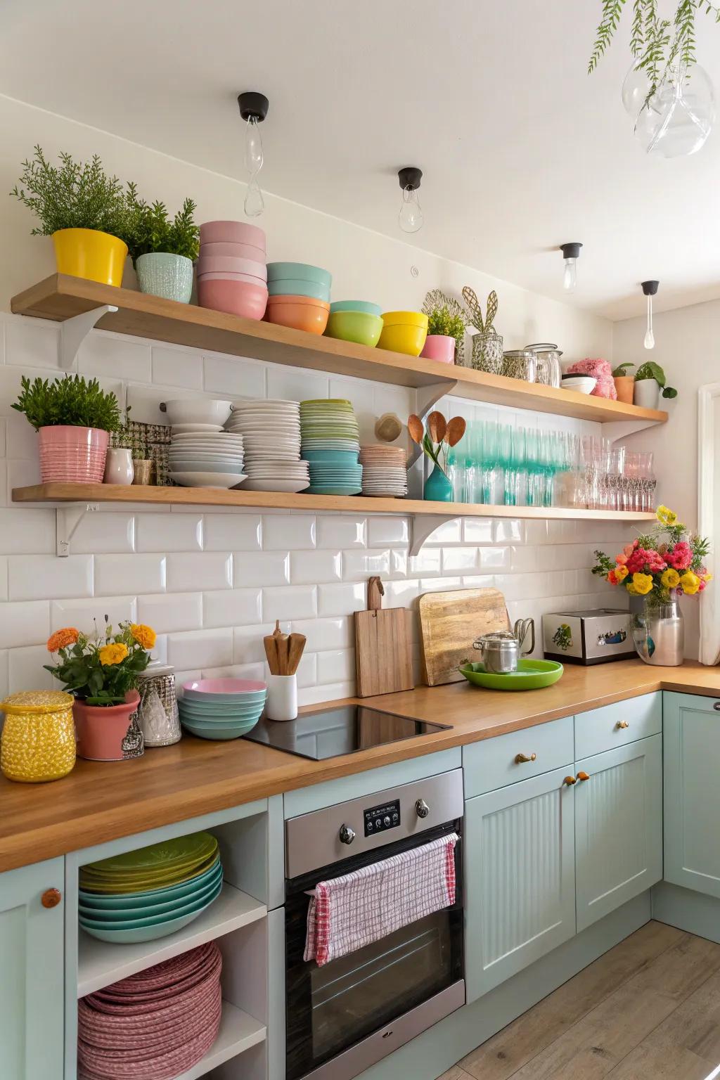 Color-matched shelves establish a balanced kitchen aesthetic.