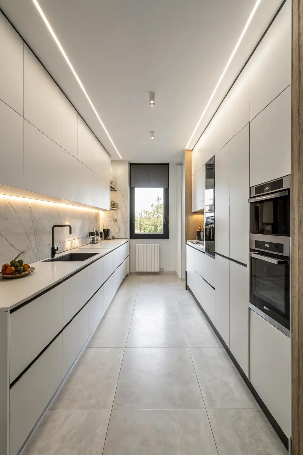 In a kitchen without windows, a simplified aesthetic helps to keep the space uncluttered.