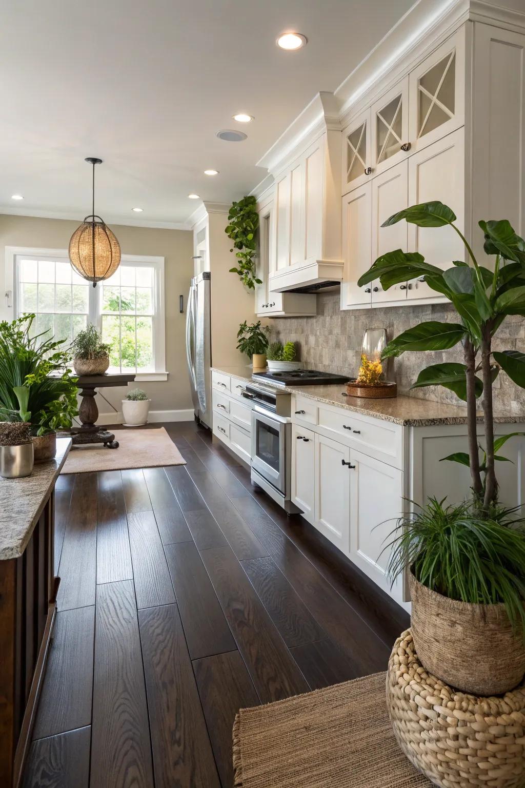 Indoor plants bring life to this kitchen with dark floors.