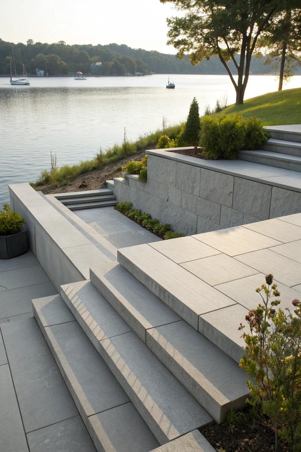 Step into style with a modern retaining wall that combines function and flair by the lake.