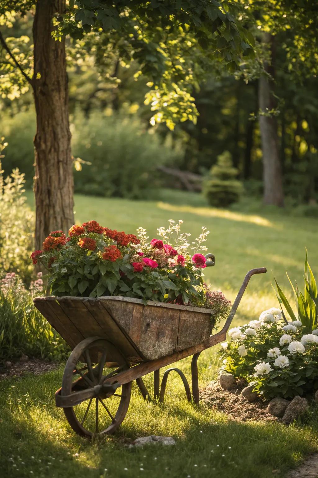 Elevate your garden's charm with a timeless vintage wheelbarrow planter.