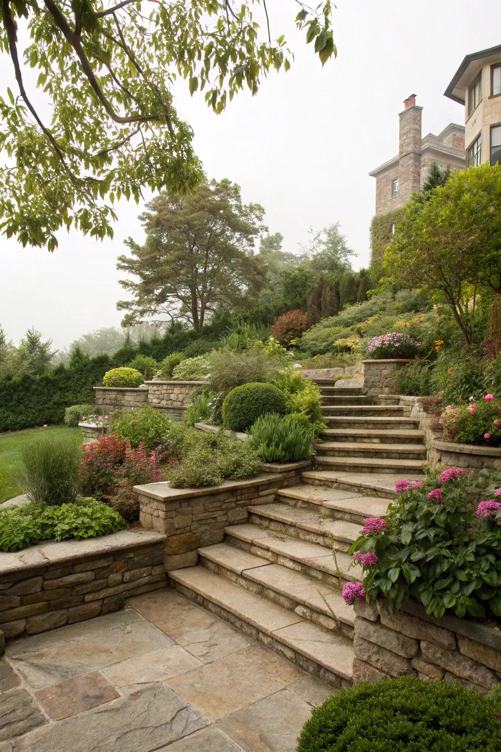 A multilevel terrace with stone steps, offering diverse planting and entertaining spaces.