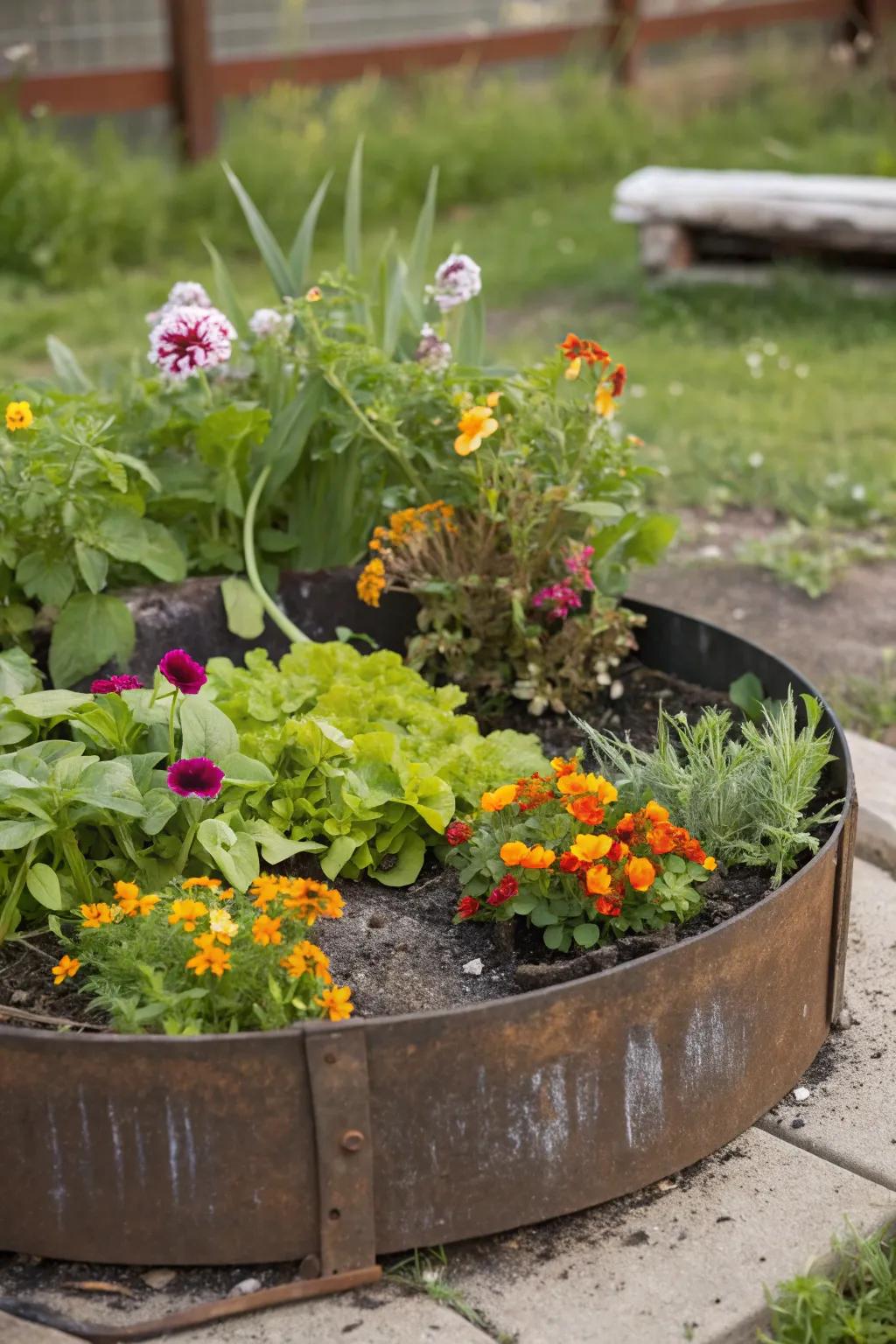Steel heating rings construct unique, stylish circular elevated gardens.
