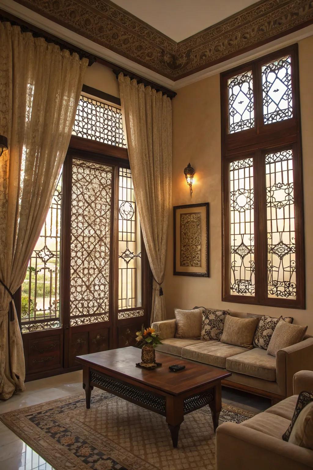 Decorative grilles casting beautiful patterns of light and shadow in the living room.