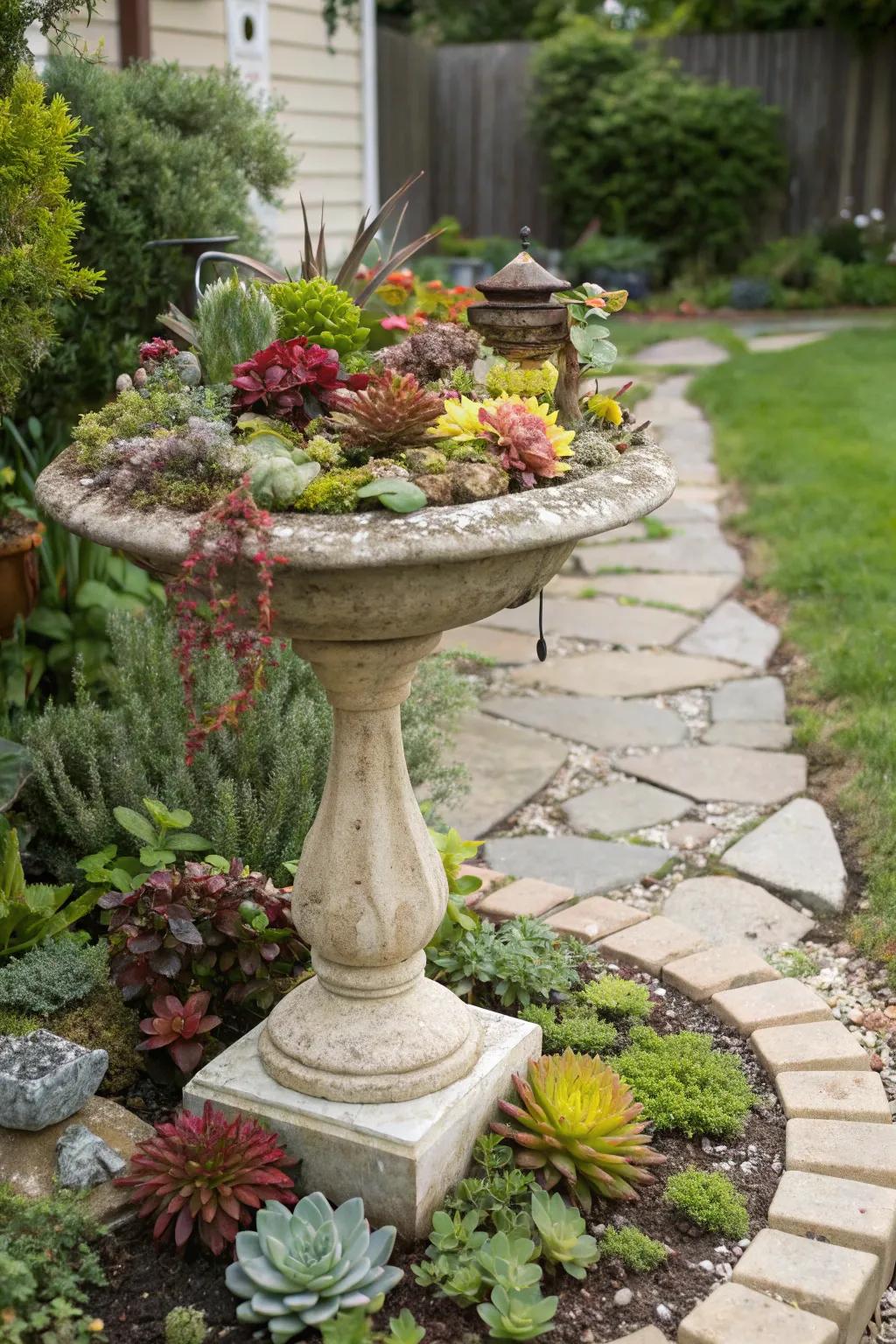 A charming birdbath repurposed into a succulent garden.