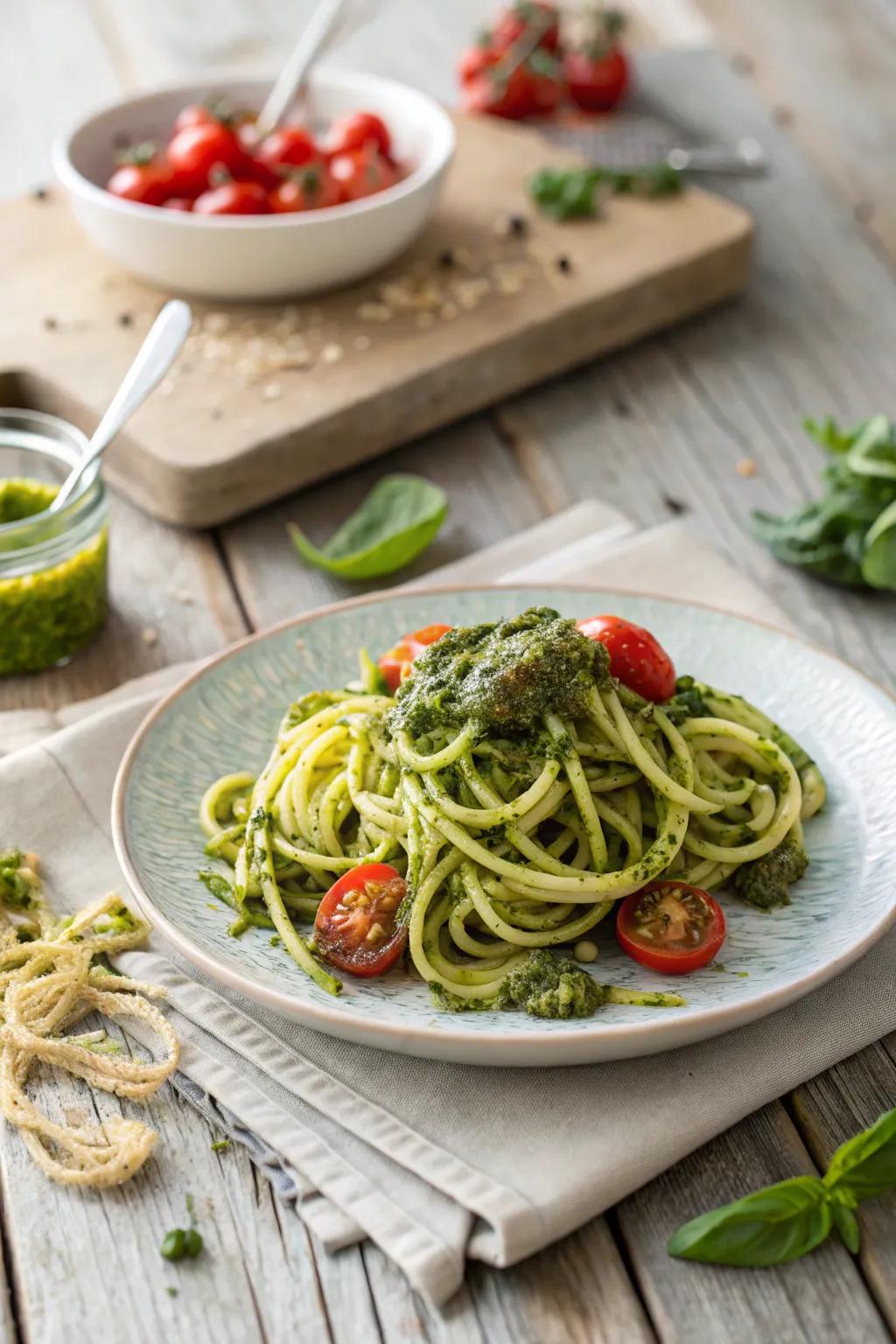 Green noodles with herb sauce, a light and refreshing late-night treat.