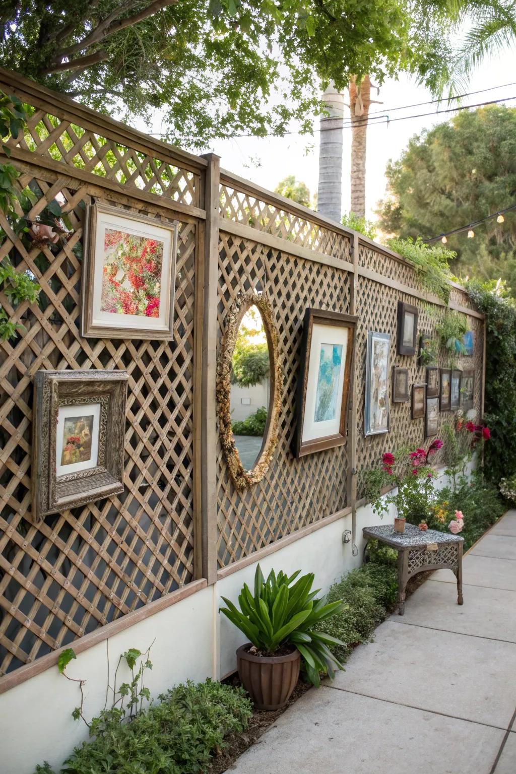 Enhance garden walls with trellis-backed art.