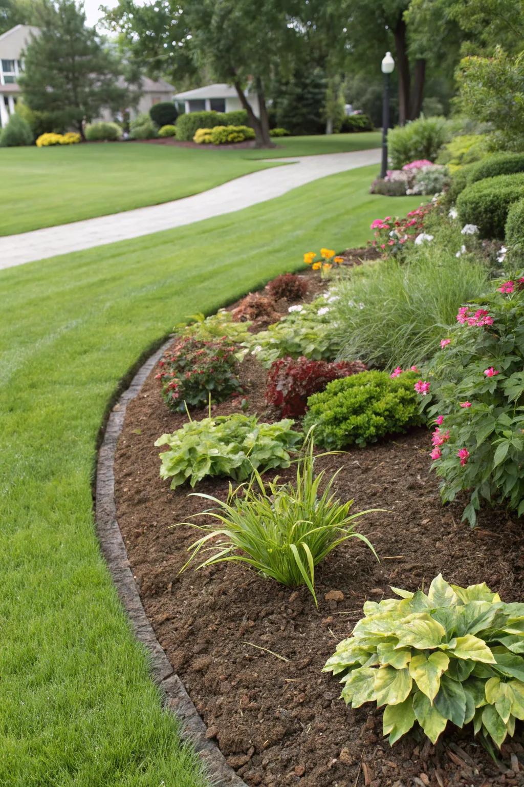 A garden bed covered with mulch that aids in preserving moisture and blocking weeds.