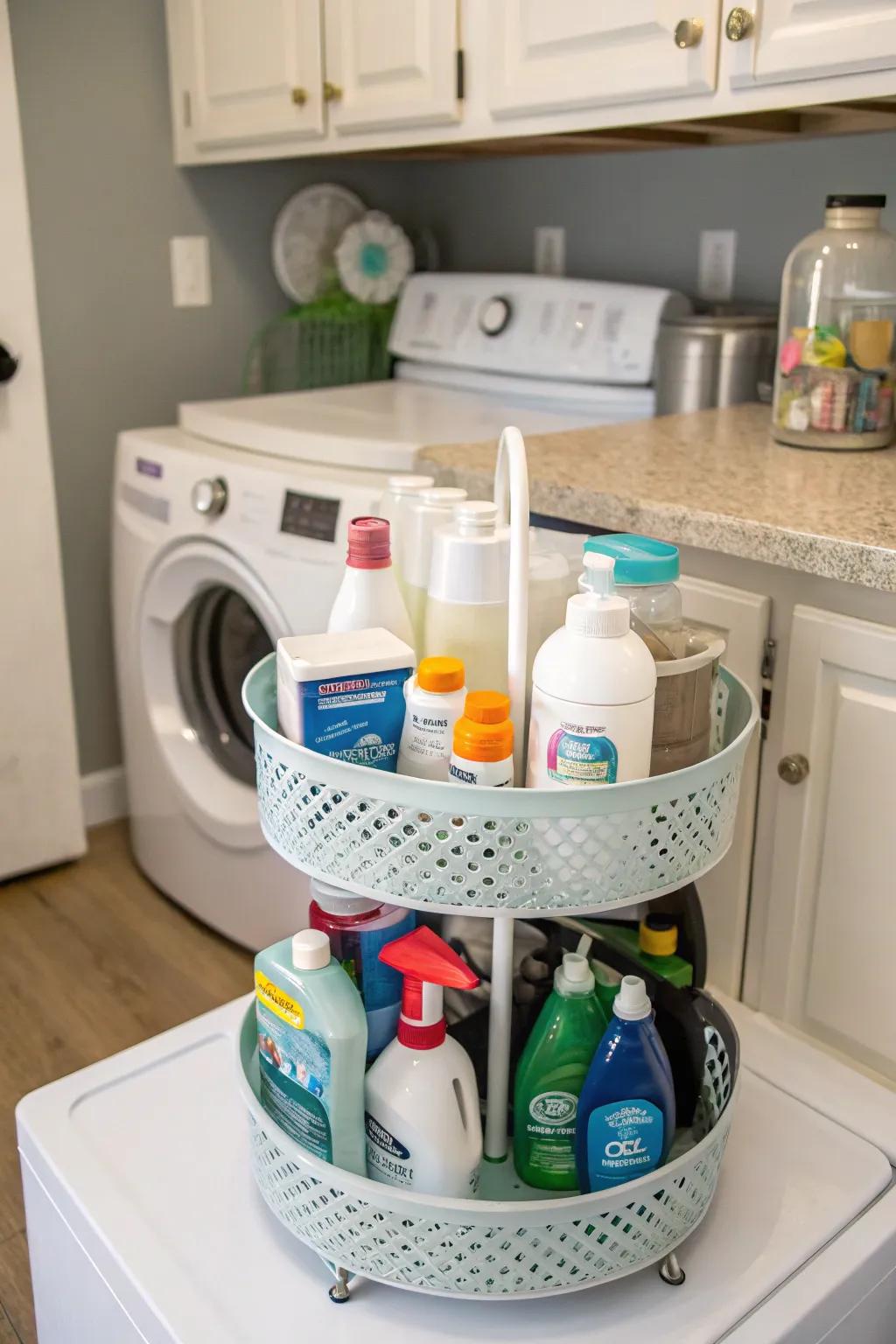 A laundry room set up with a spinner for detergents.