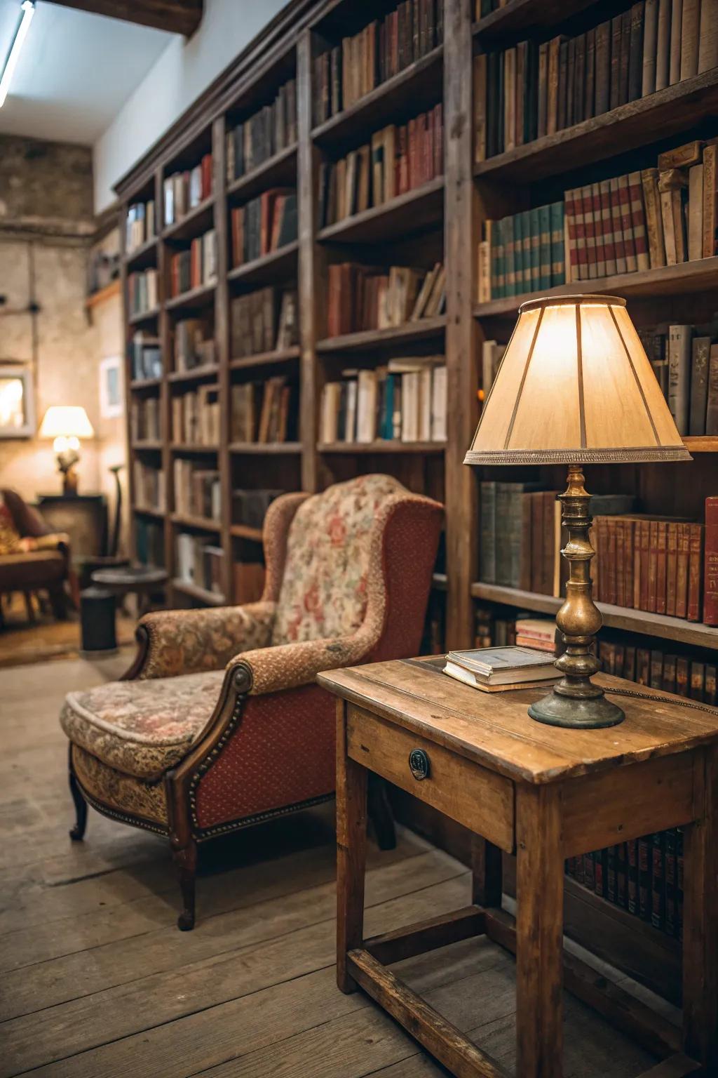 A library decorated with vintage treasures and innovatively repurposed items.