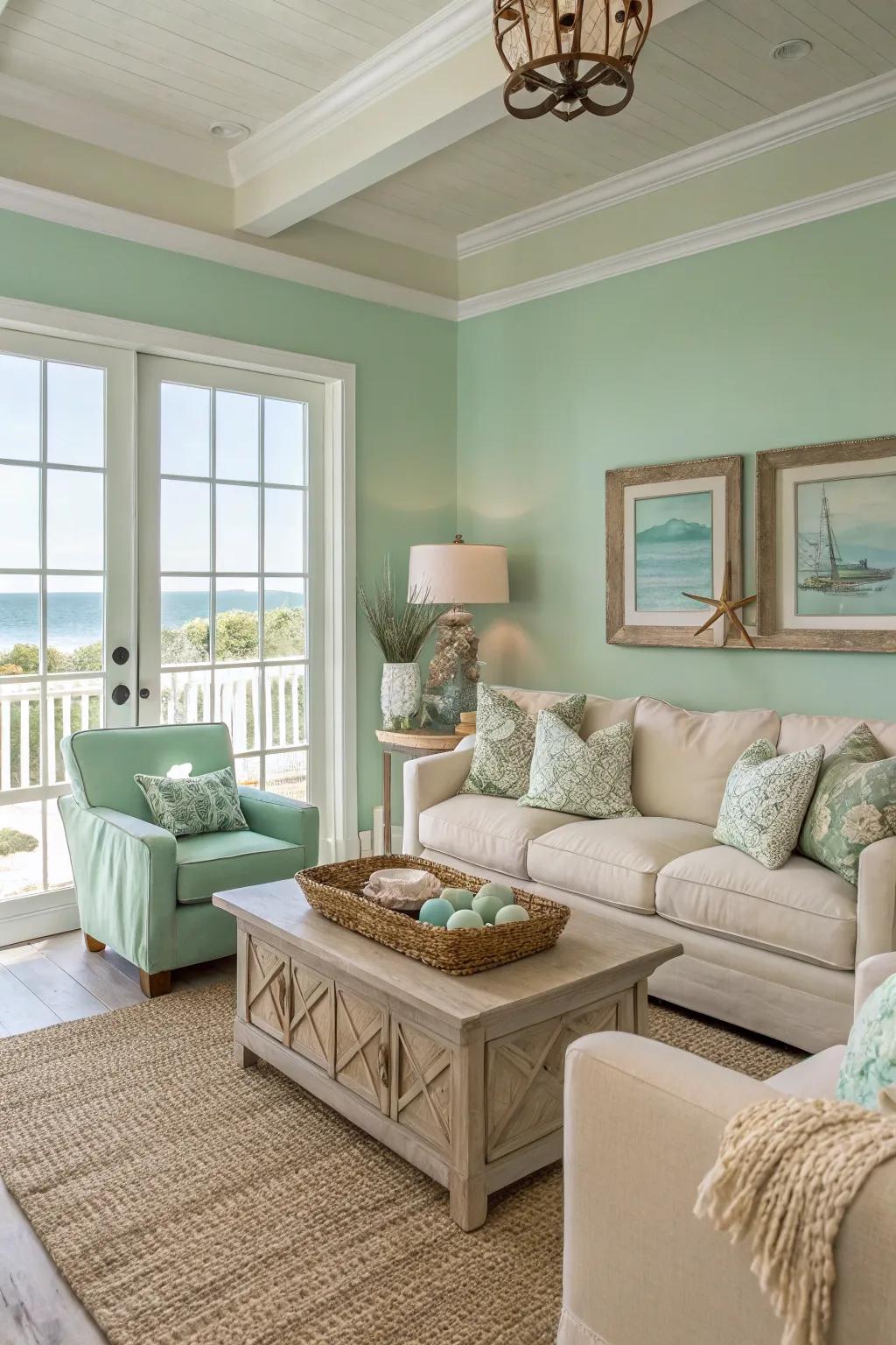 Coastal colors transform this living room into a relaxing retreat.