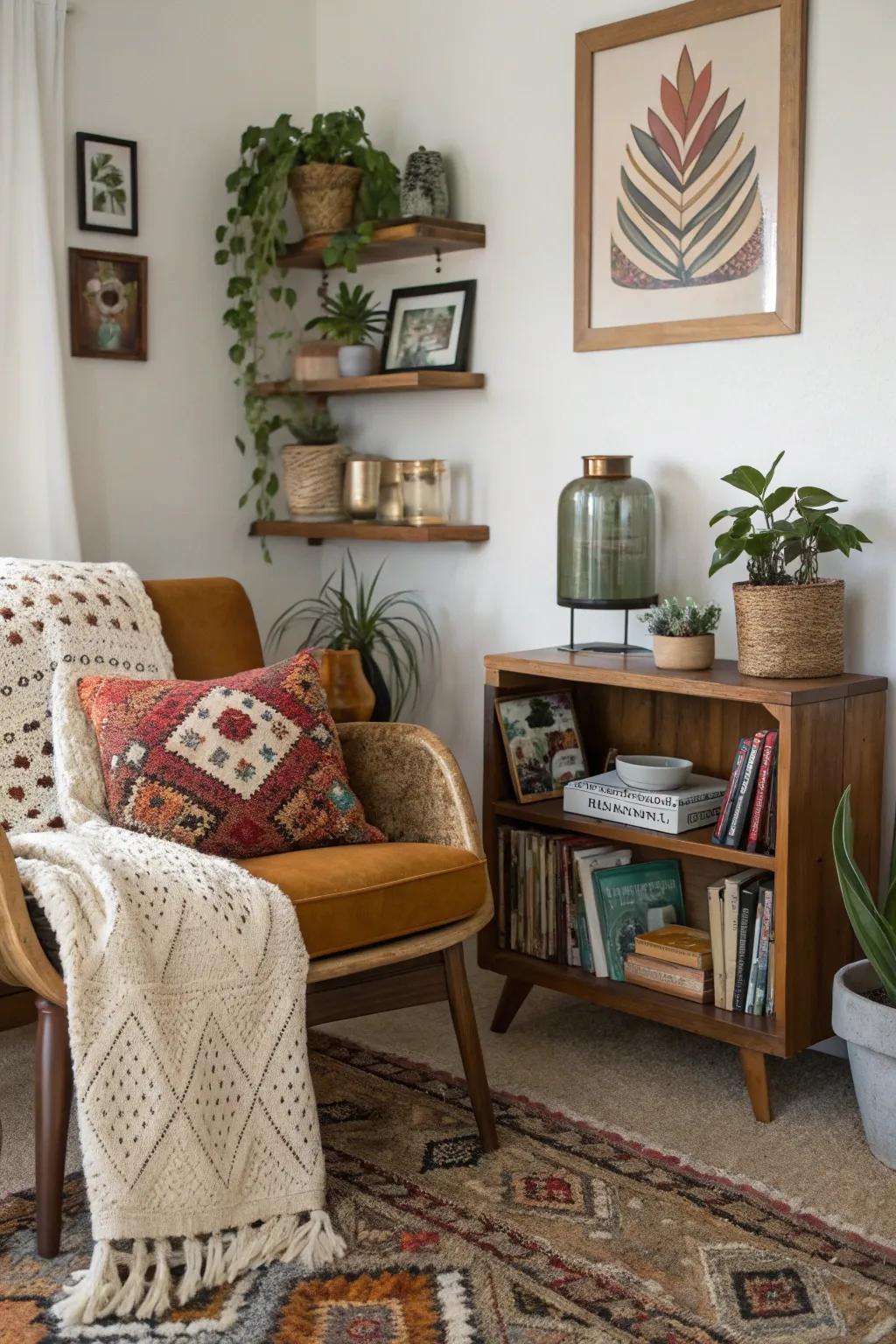 An eclectic mix brings character and charm to a living room corner.