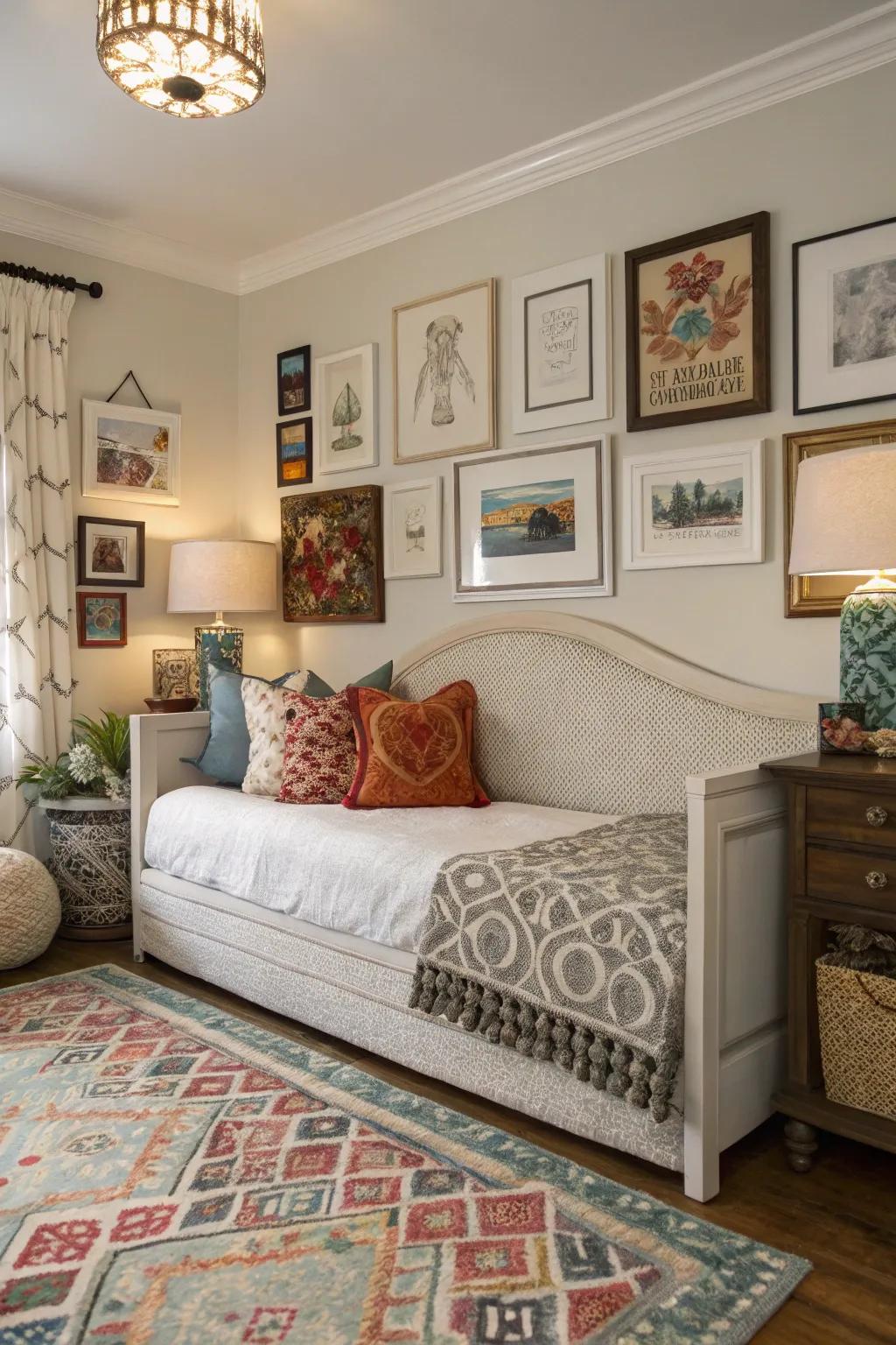 Crown molding repurposed as a unique headboard.