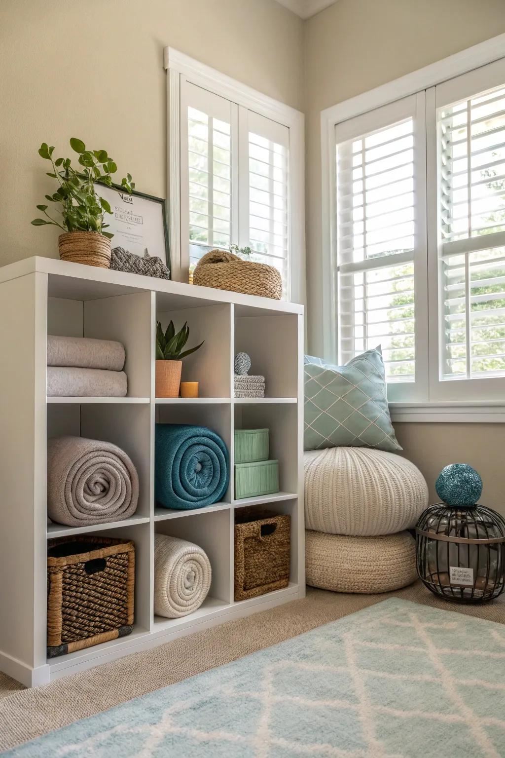 A Zen-inspired meditation nook employing modular shelving for a serene ambiance.