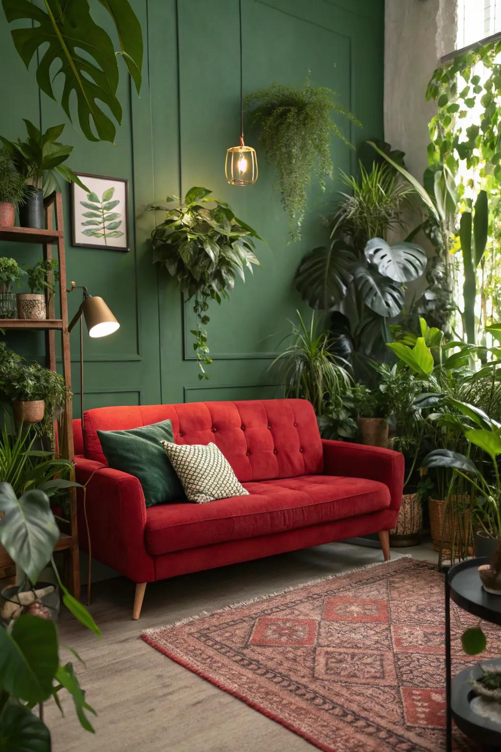 Flora delivers a fresh and vibrant touch to a room, enhancing the radiant red sofa.