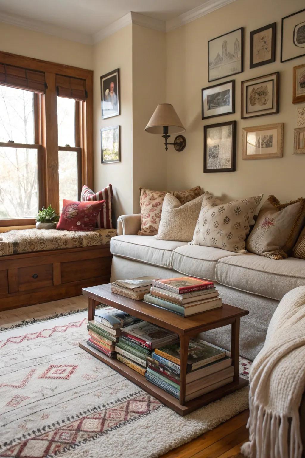 A living room presenting a cozy reading alcove in a previously unused corner.