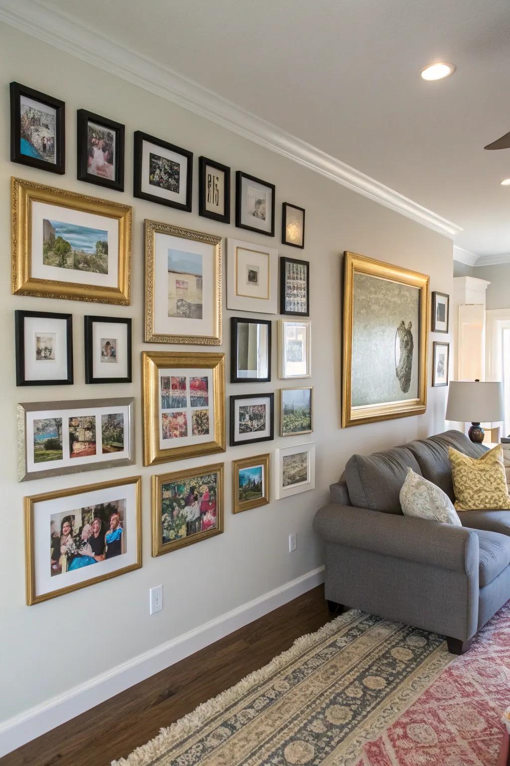 Achieve sophisticated aesthetics inexpensively by thrifting frames and utilizing digital art.