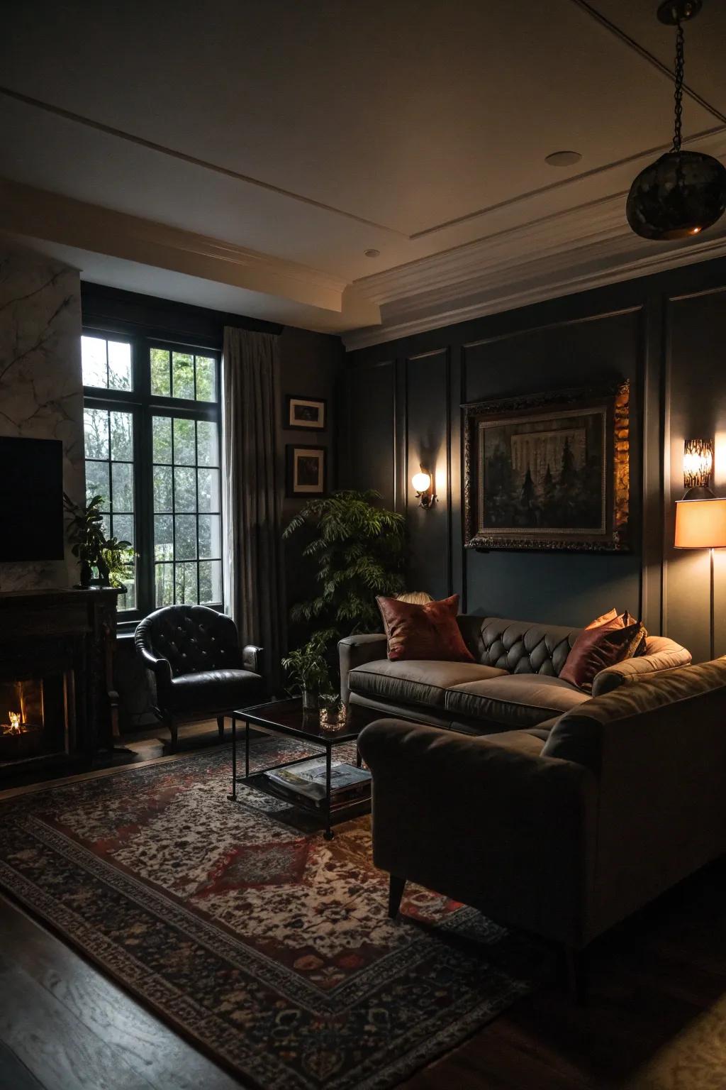 Moody lighting transforms your living room into an intimate and sophisticated space.