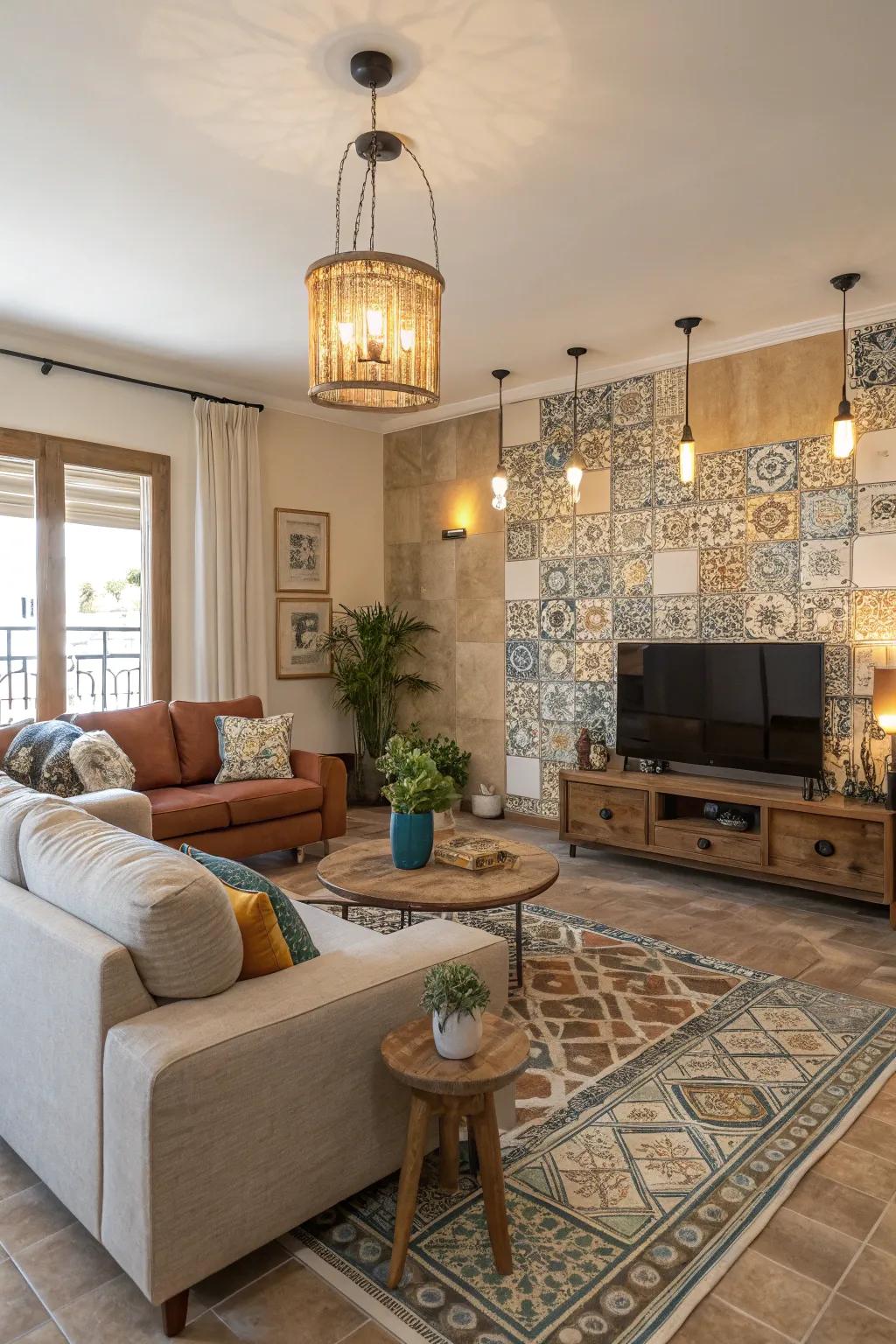Balanced family room featuring warm and cool shade tiling.