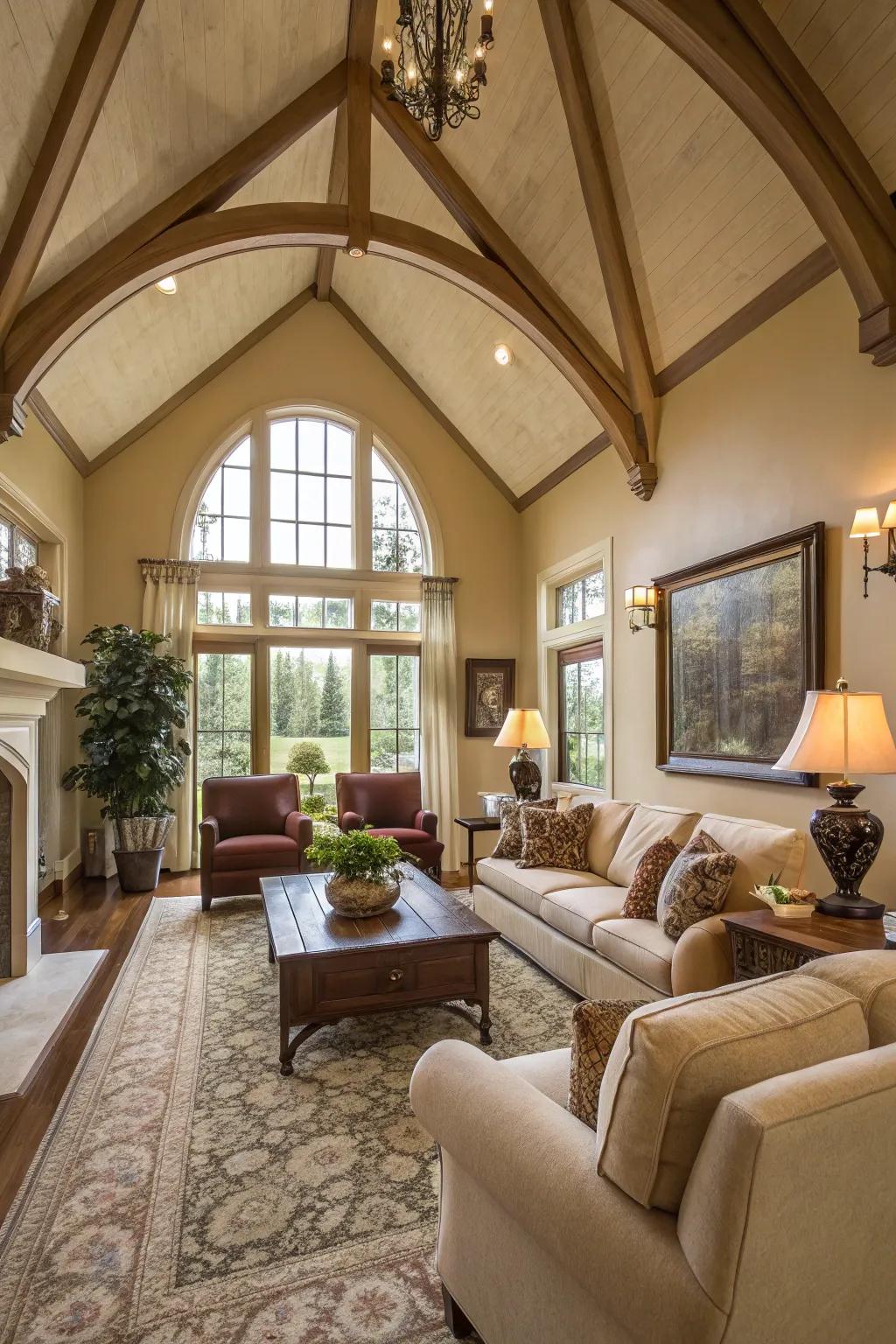 Cozy seating arrangements enhance the comfort of a vaulted ceiling room.