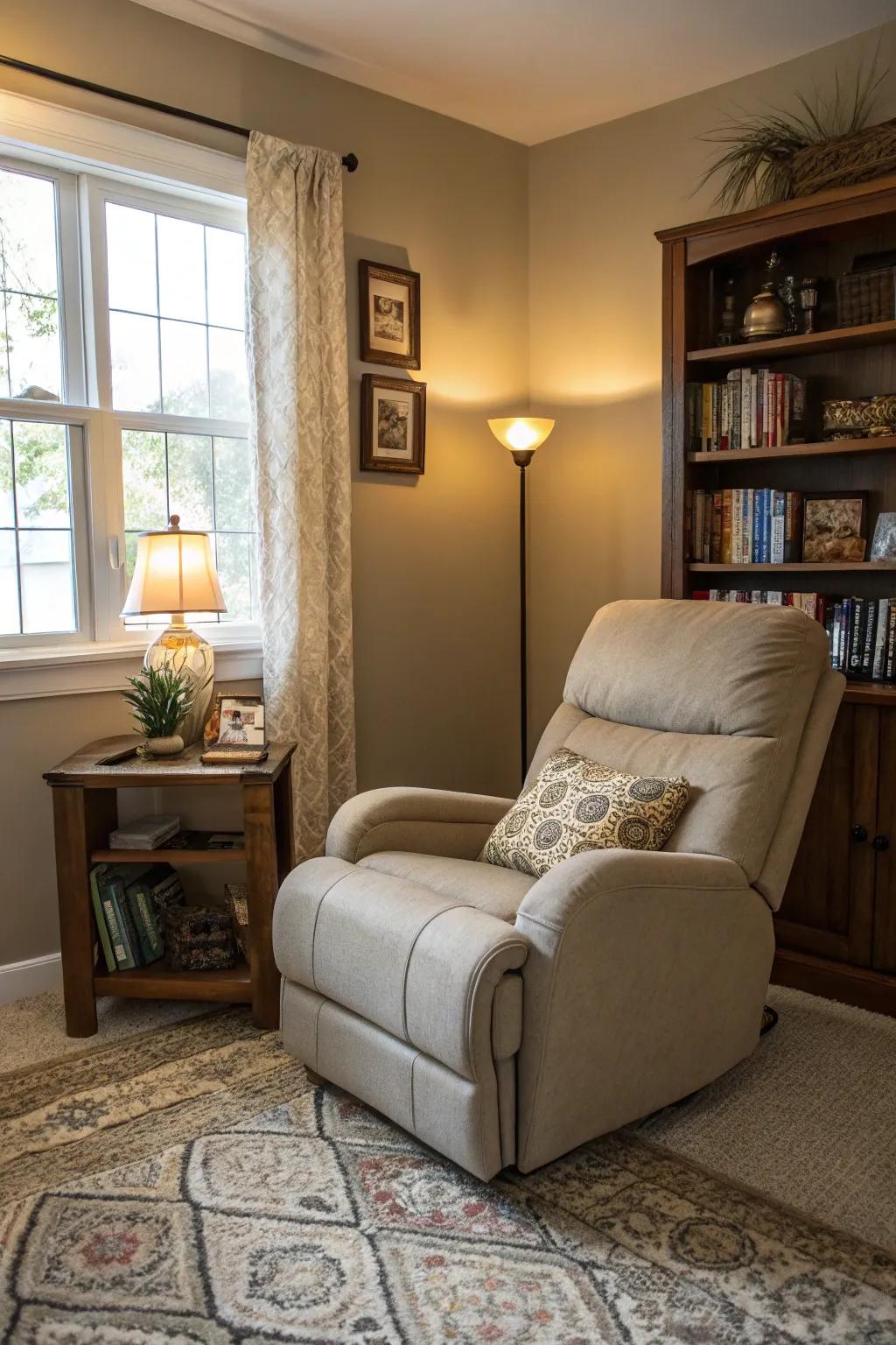 A smart use of space with a corner recliner in a small living room.