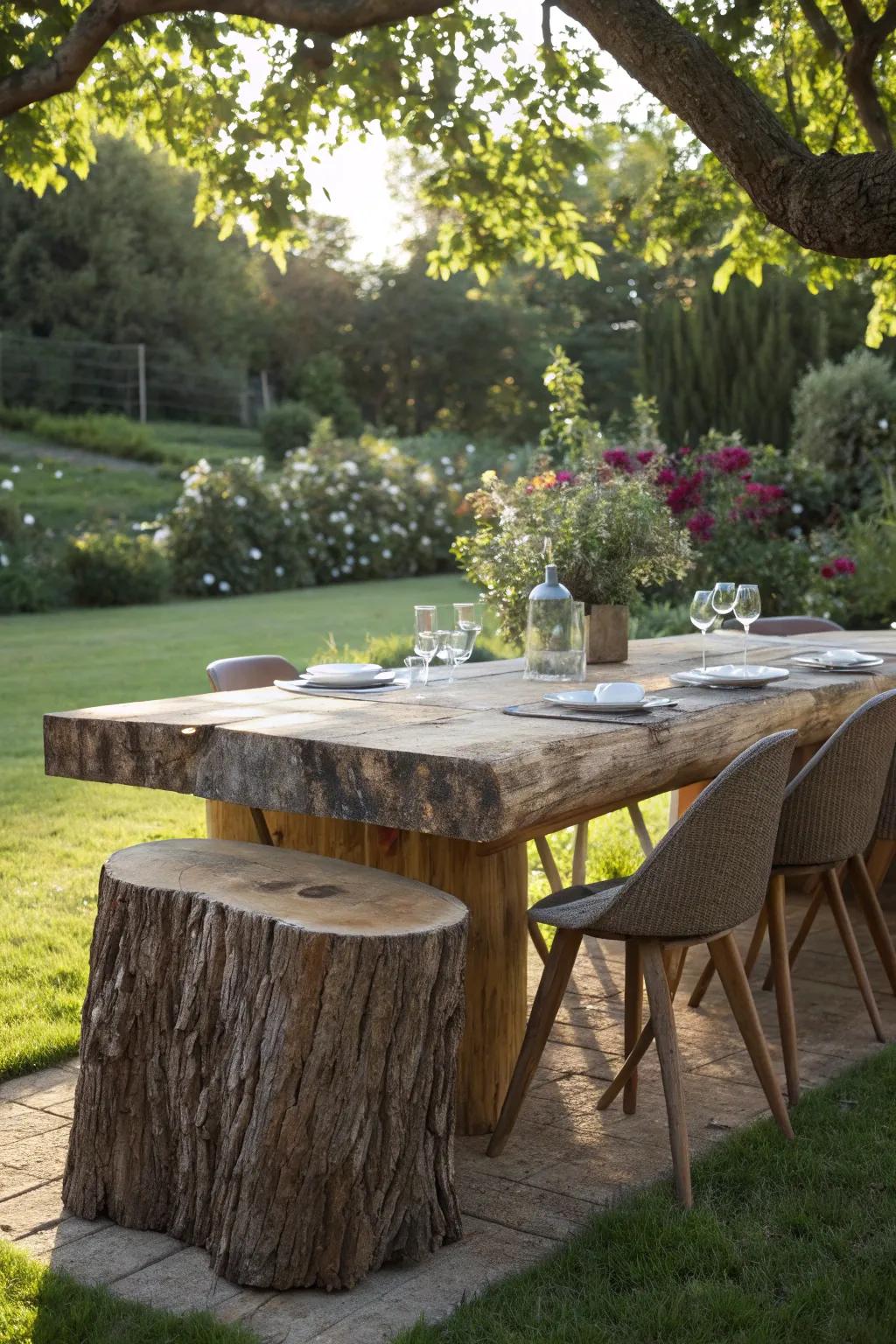 Transform your garden with a stunning log dining table, the perfect blend of rustic charm and modern elegance.