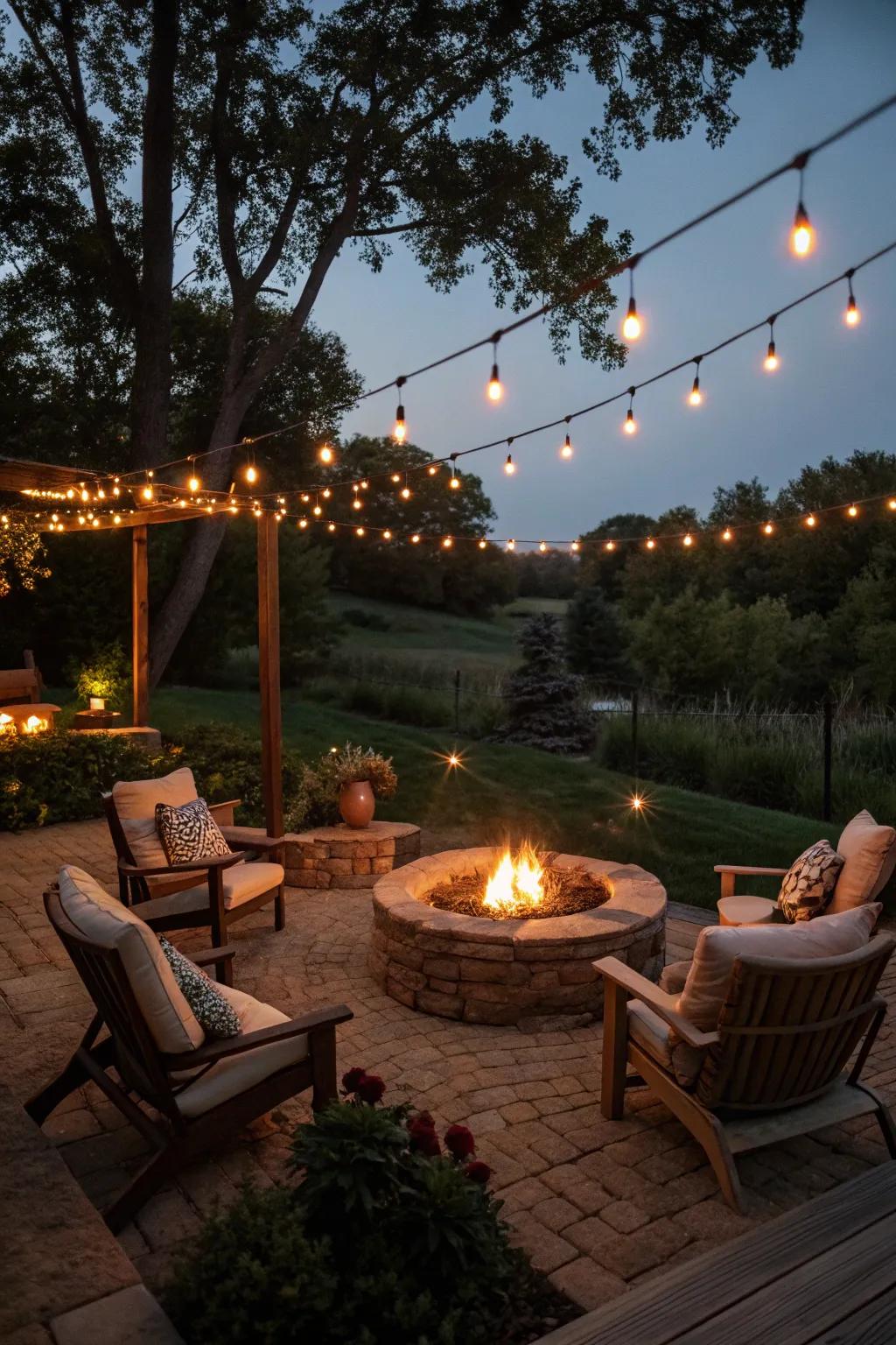 Create a magical evening retreat with string lights and a cozy fire pit.