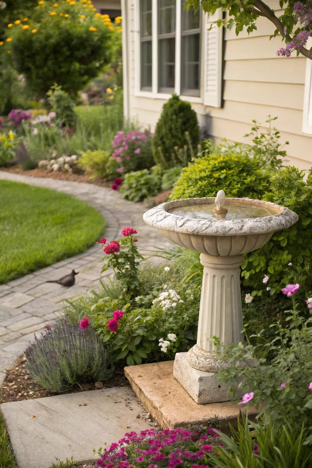 A birdbath adding charm to the garden.