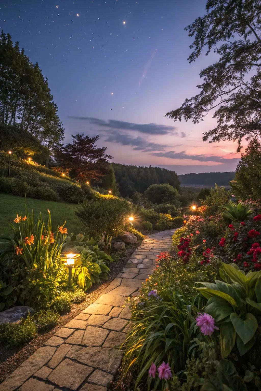 Solar lights create a magical evening ambiance.